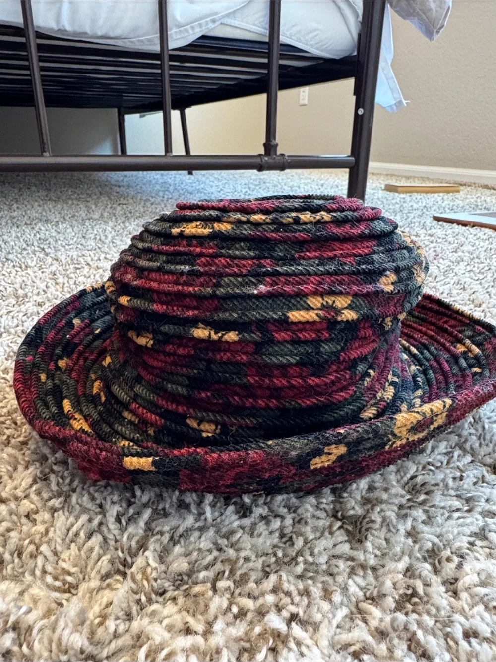 Liz Claiborne Floral Cloche Hat Black Burgundy Gold Vintage Style